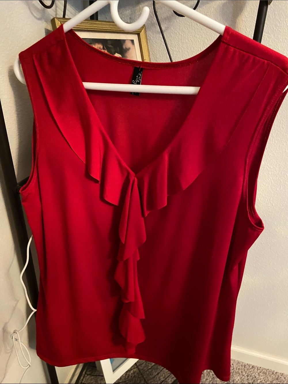 Sleeveless Ruffle Front Red Women's Top